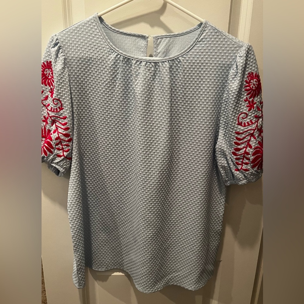 SHEIN Blue Blouse with Pink Embroidery
